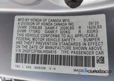 2020 Honda Civic Sport from USA, damaged, VIN 2HGFC2F89LH594616